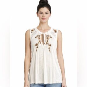 POL Cream Sleeveless Embroidered Keyhole Blouse